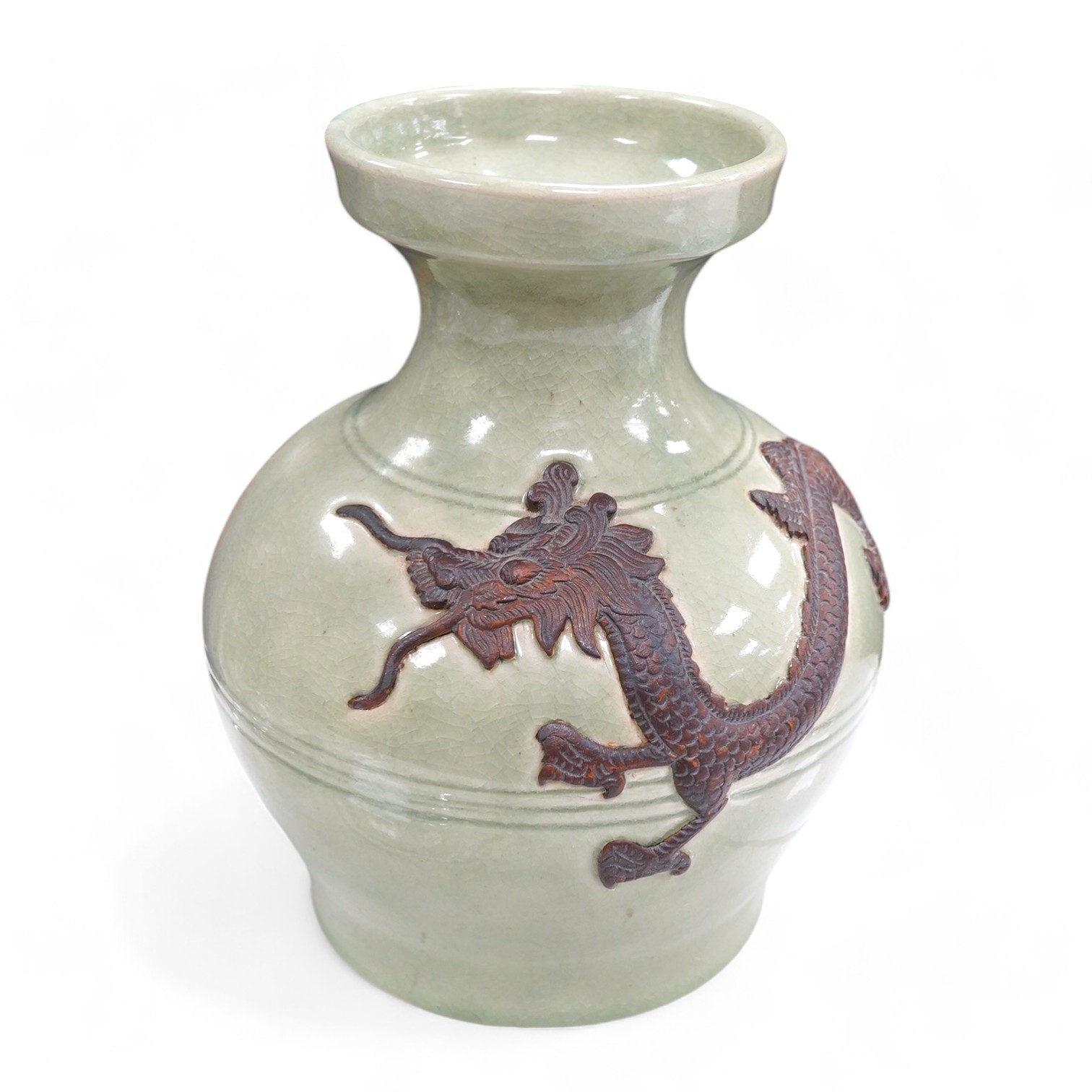 A Chinese celadon glazed dragon vase, 30.5cm high. Condition - good